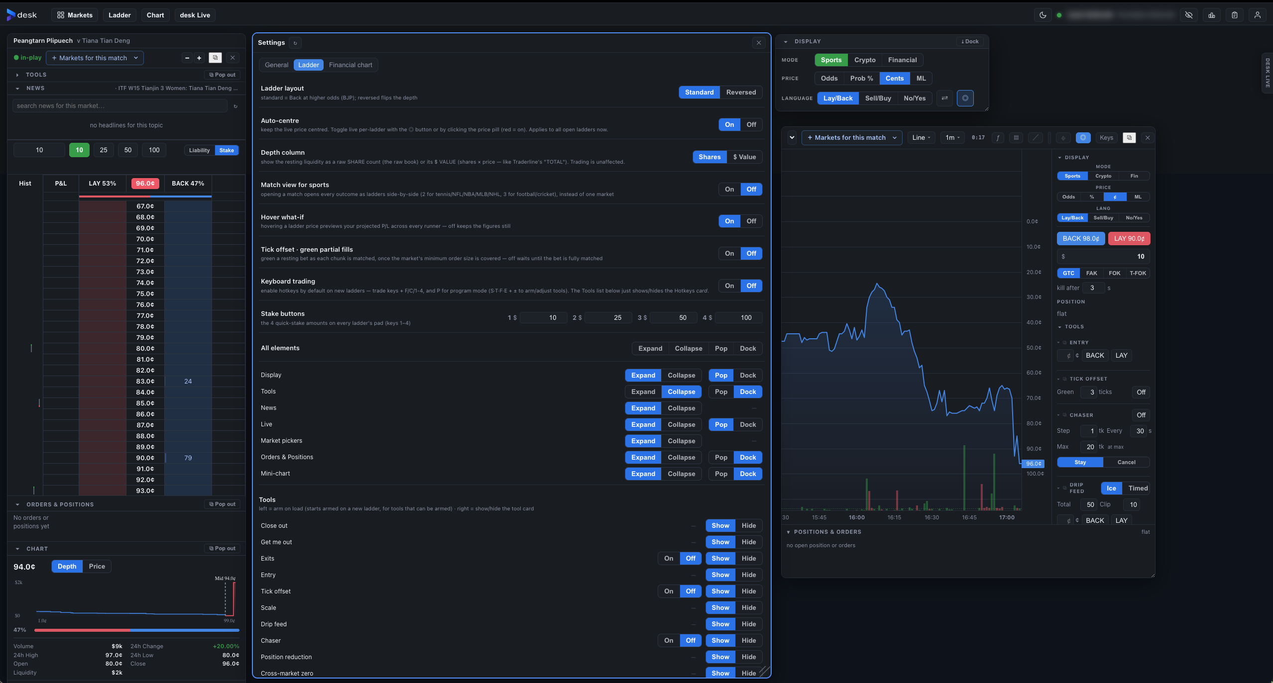 Desk Settings — Ladder tab with per-panel display and tool options