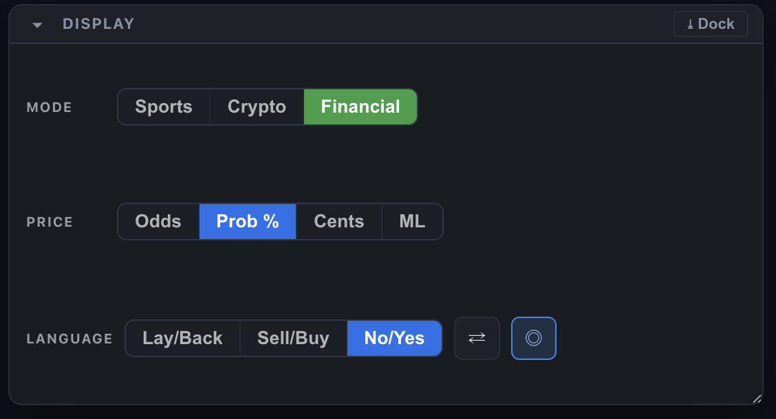 Desk Display controls — Mode, Price and Language toggles