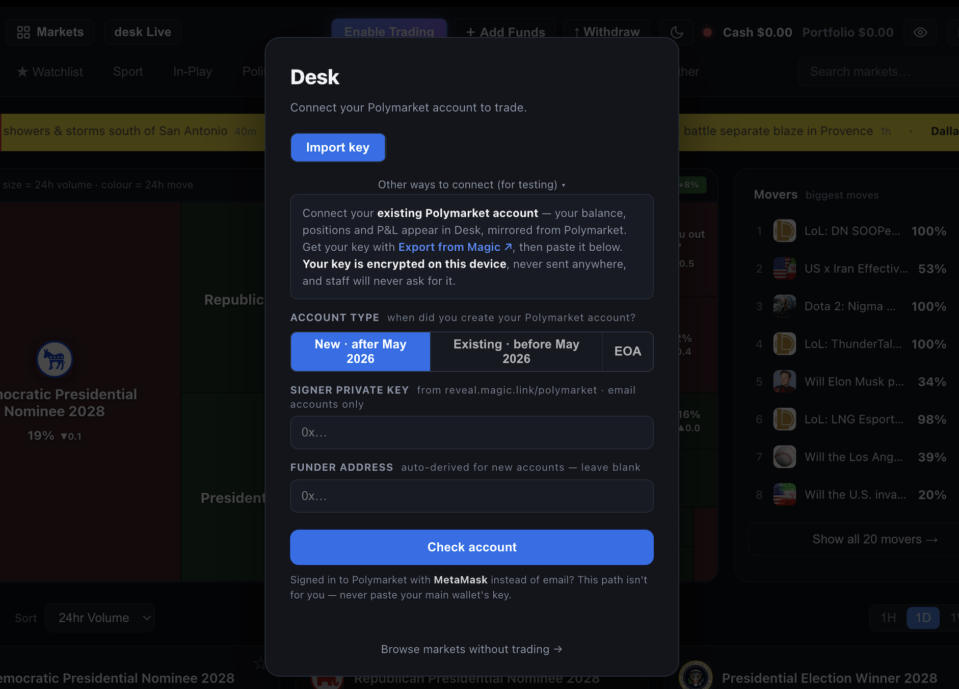 Open Desk — the connect screen