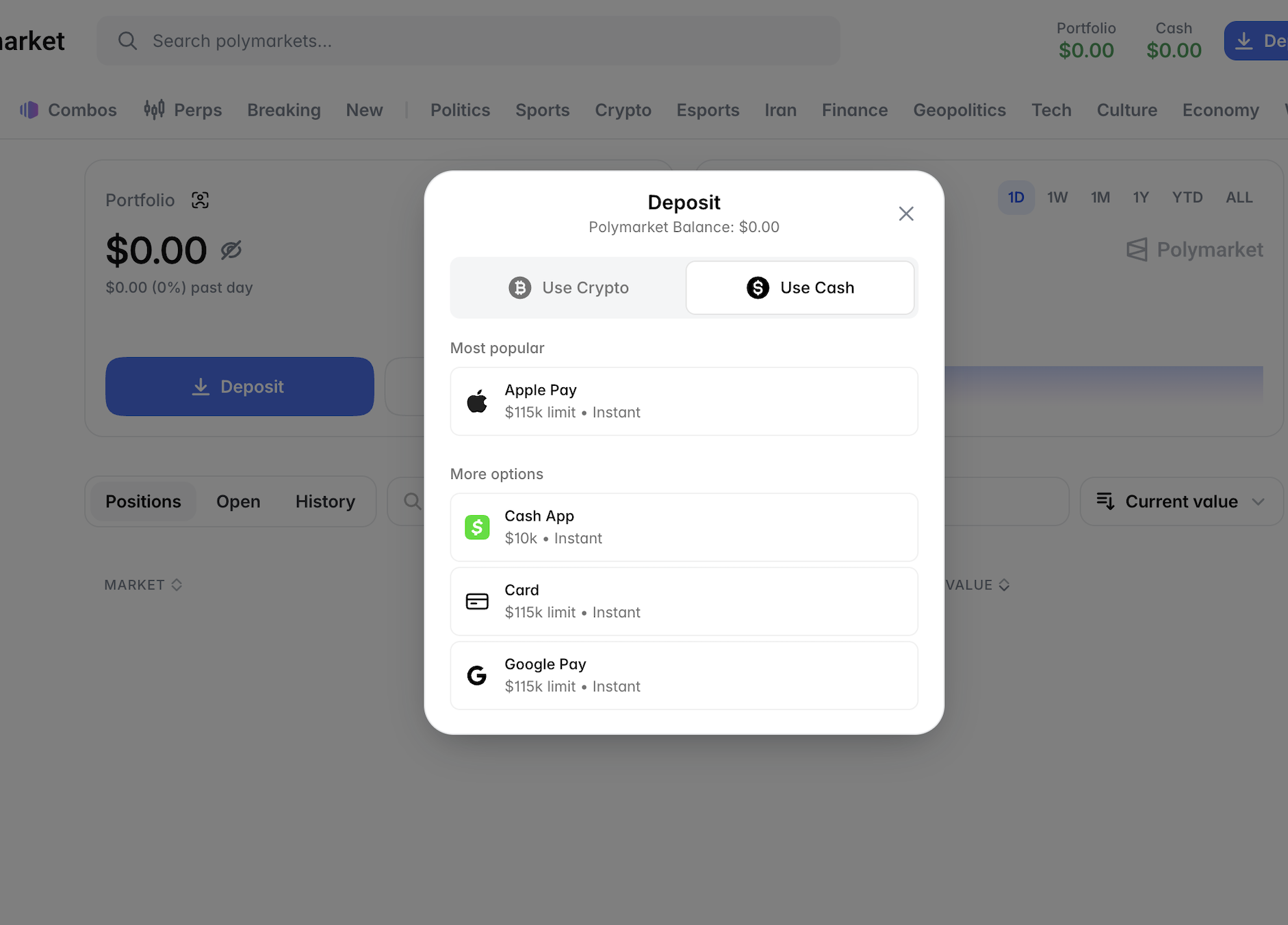 Choose how to pay on Polymarket