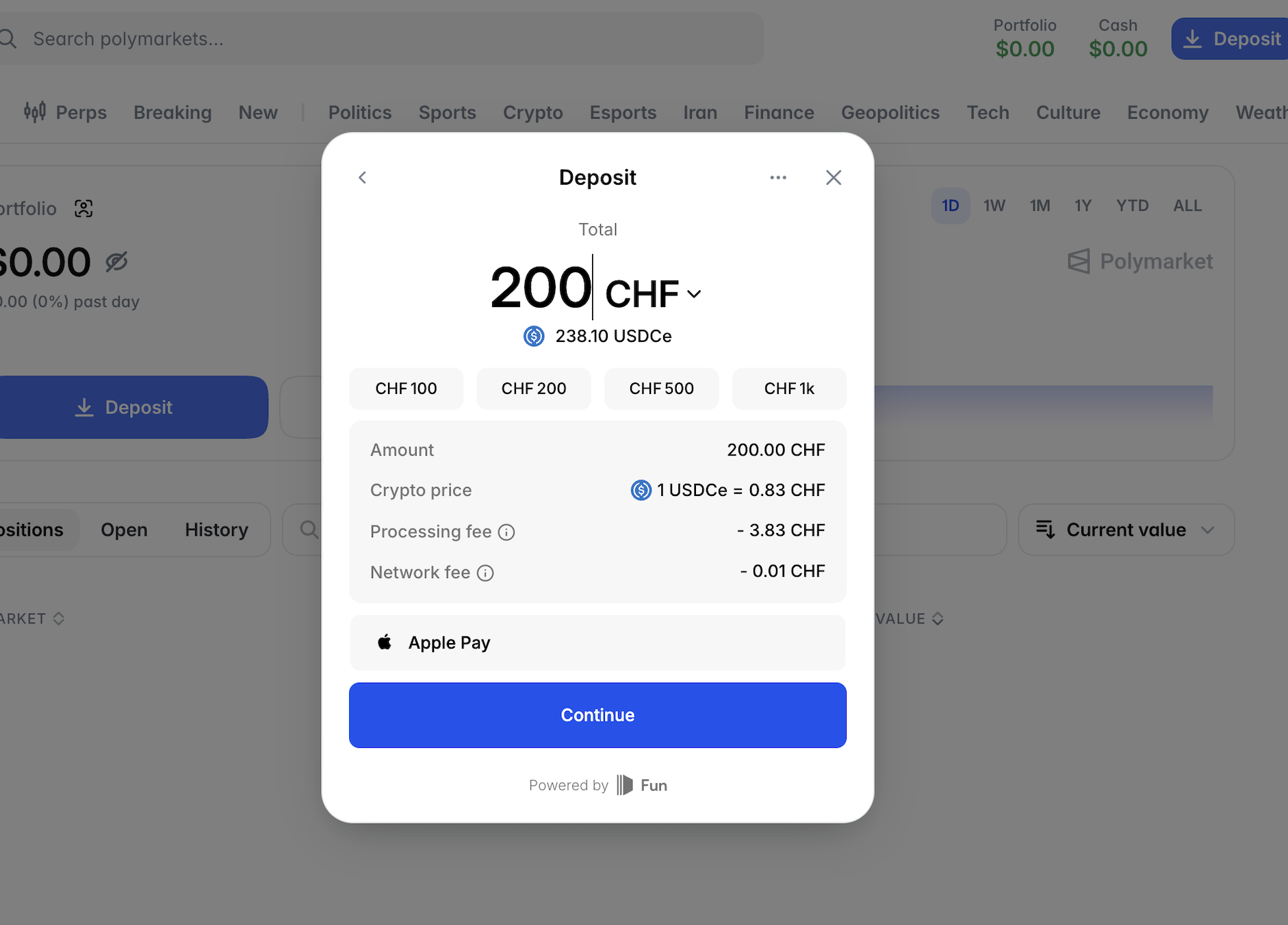 Enter a deposit amount on Polymarket