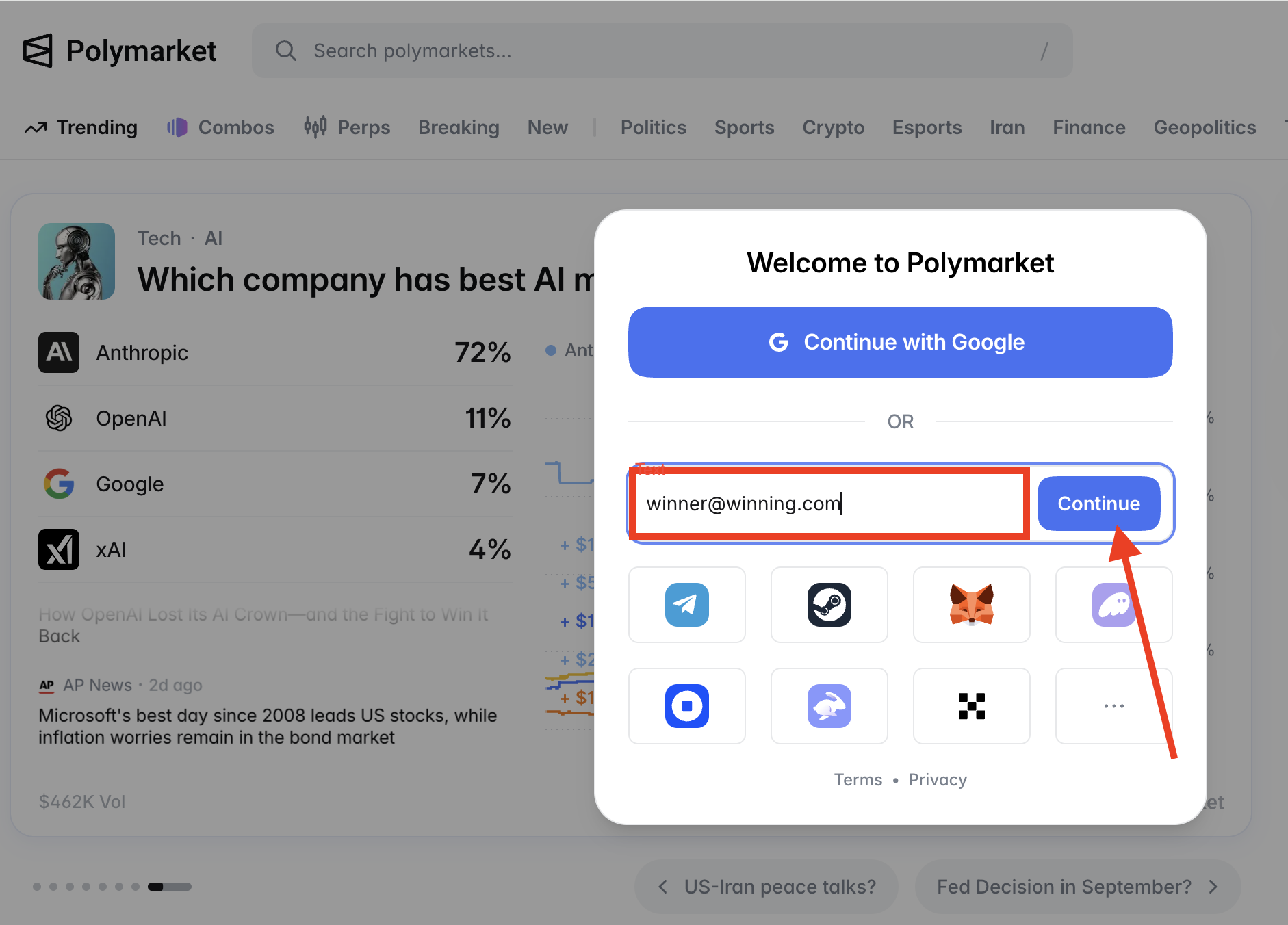Enter your email on Polymarket